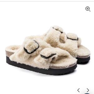 Arizona Big Buckle Shearling Birkenstock Platform Sandal - teddy eggshell color